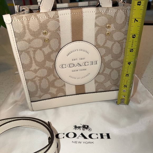 Coach small Beige Signature Jacquard Cream Leather Stripe Dempsey 22 Satchel - Picture 9 of 15